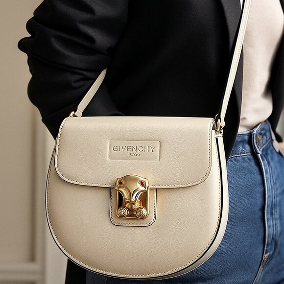 VIntage Givenchy Ivory Leather Crossbody Shoulder Bag with Gold Accent - Picture 1 of 16